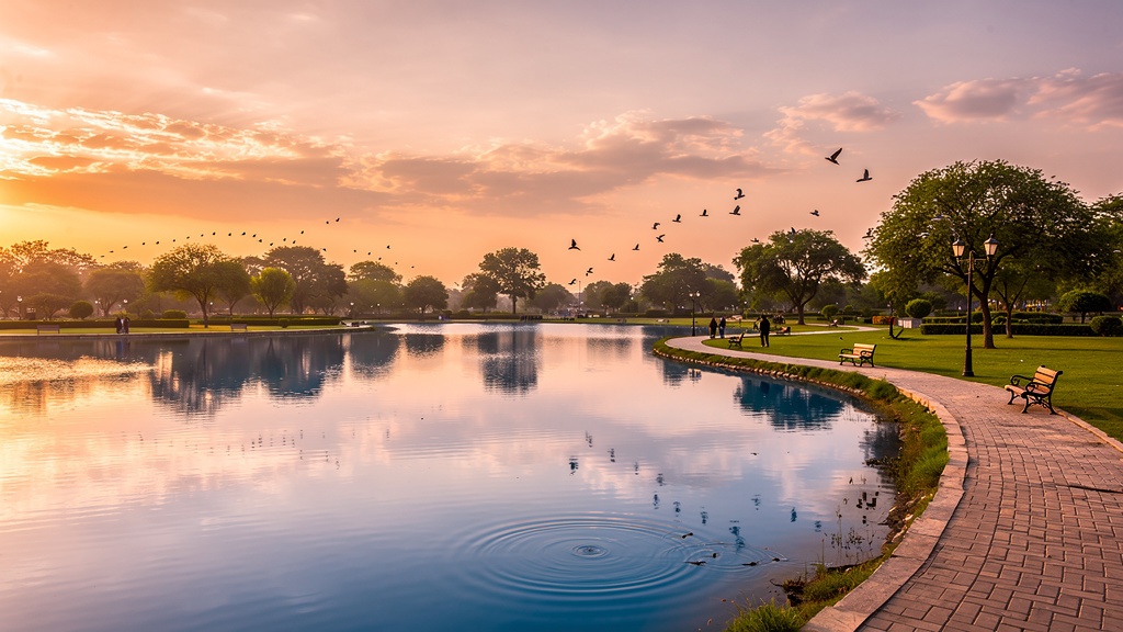 Blue Bird Lake with blue water, walking paths and green trees at sunset