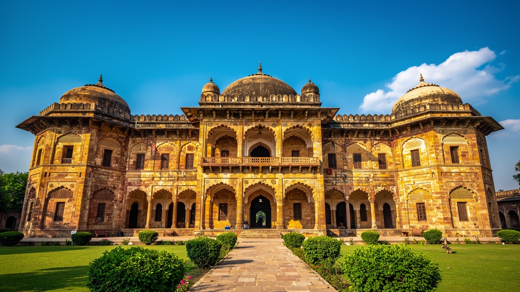 Firoz Shah Palace with sandstone architecture and lush green lawns