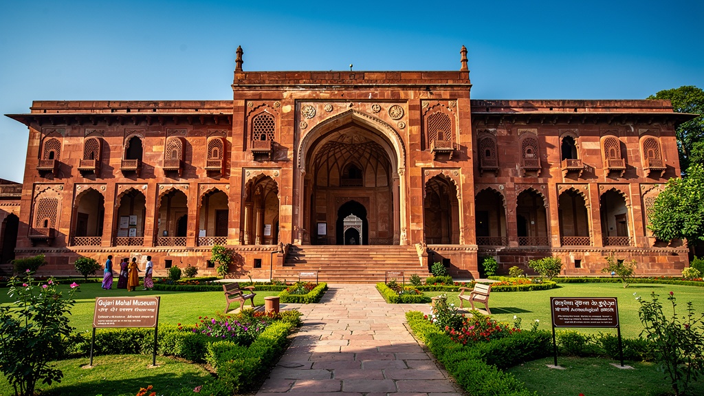Gujari Mahal museum with red sandstone architecture and gardens