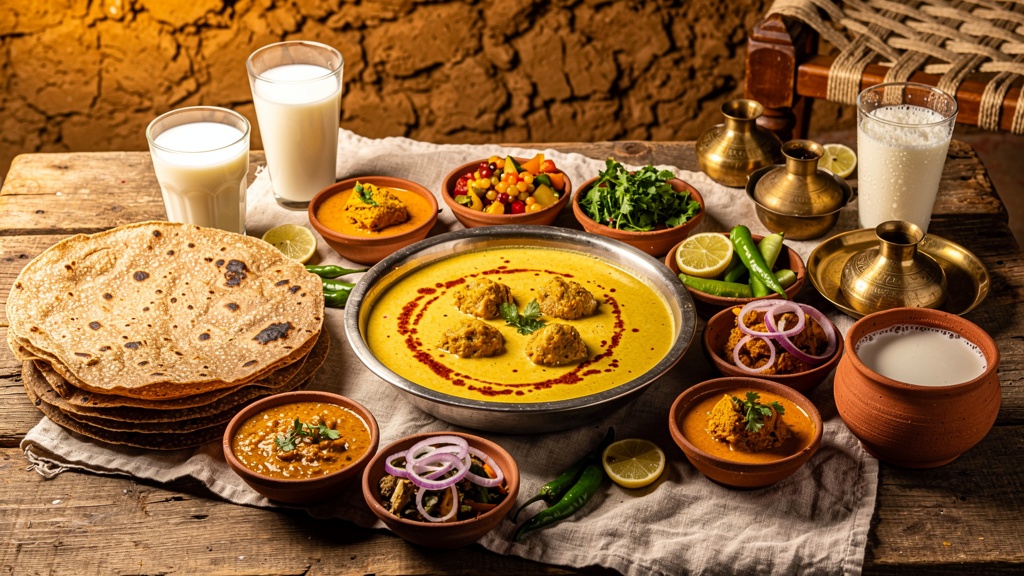 Traditional Haryanvi cuisine spread with kadhi, bajra roti, and lassi